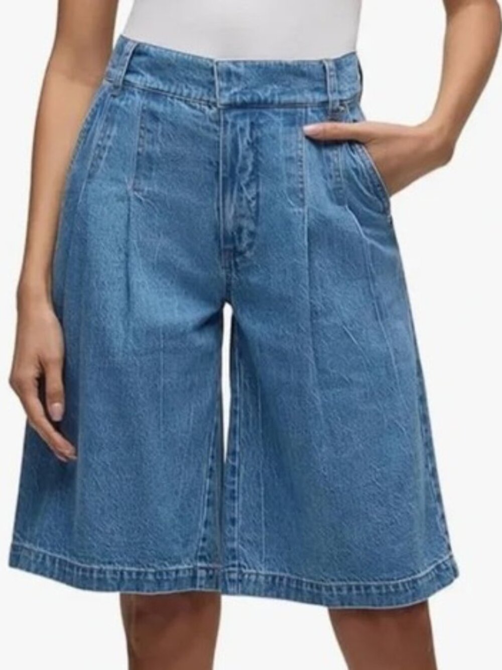 Hudson Front Pleat Knee Length Denim Shorts
